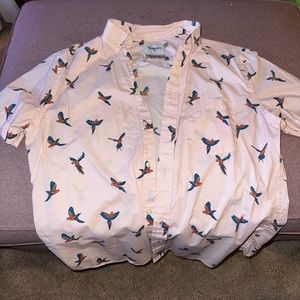 Pink bird print button down